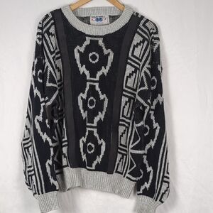 VINTAGE Chartwell Men's Sweater Black Gray Abstract Knit With Leather